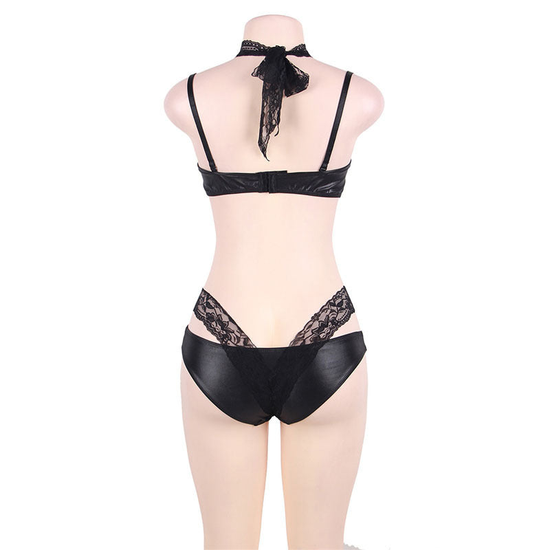 Lace faux leather bra and panty set