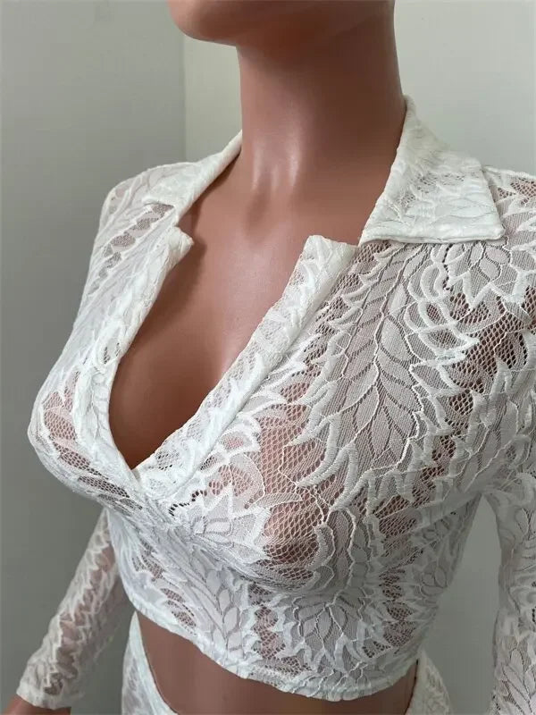 Sexy Lace See Through Two Piece Crop Top and Leggings Set