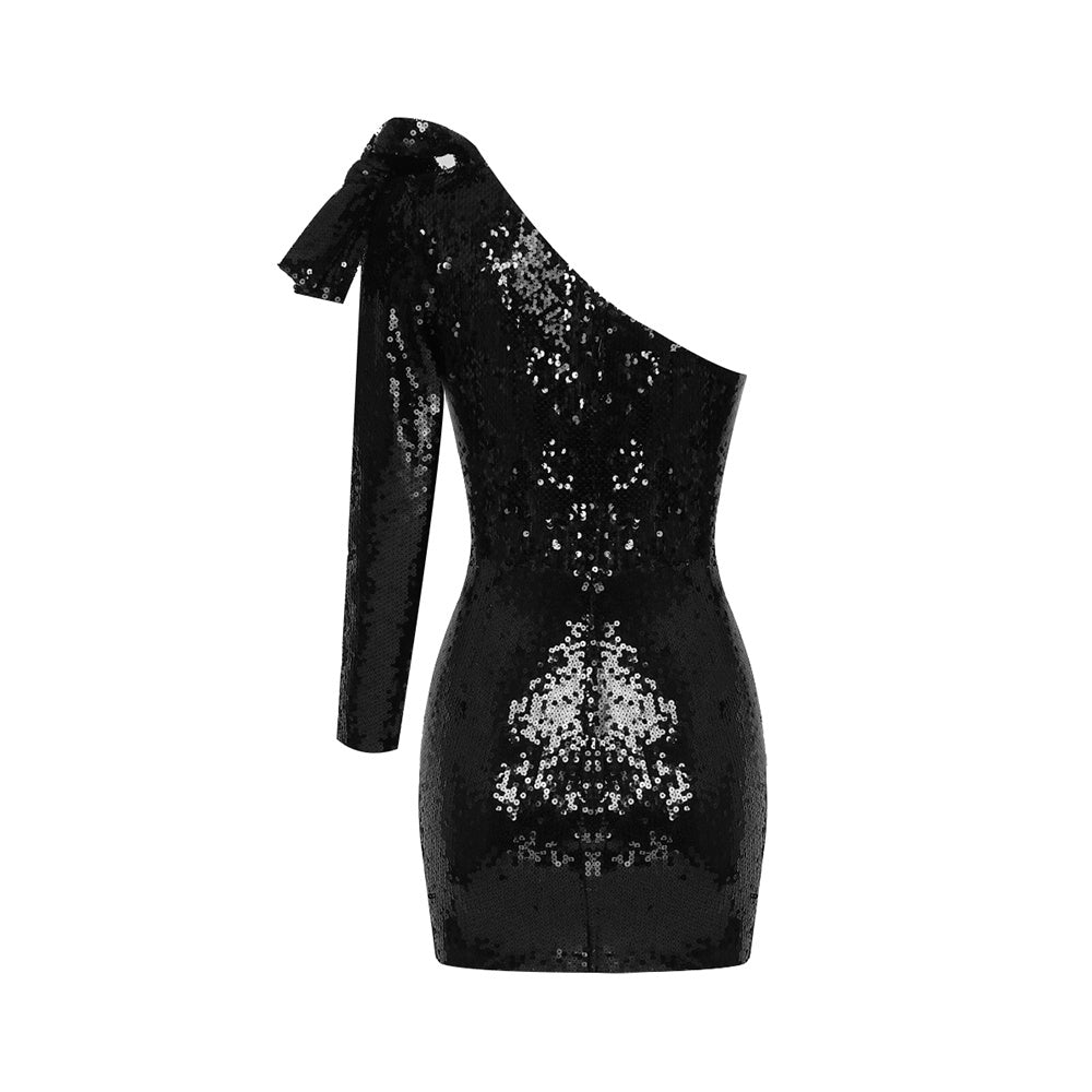 Women's One Shoulder Long Sleeve V-neck Cut-out Sequin Wrap Dress