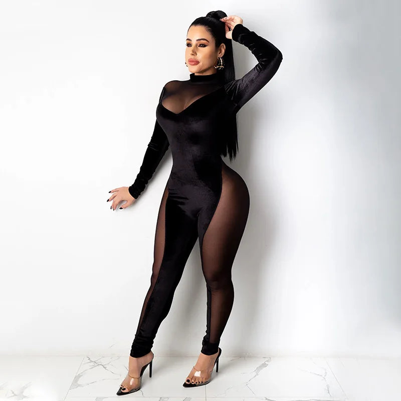Sexy Velvet Mesh Patchwork Jumpsuit Party