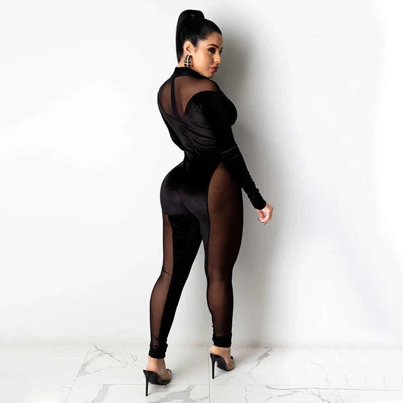 Sexy Velvet Mesh Patchwork Jumpsuit Party