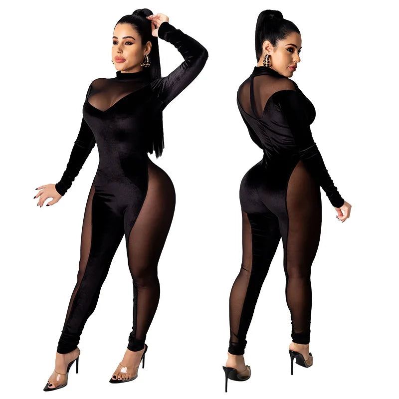 Sexy Velvet Mesh Patchwork Jumpsuit Party