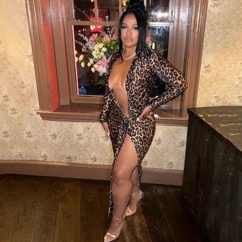 Sexy V Neck Cut Out Long Sleeve Leopard Print Dress w High Slit