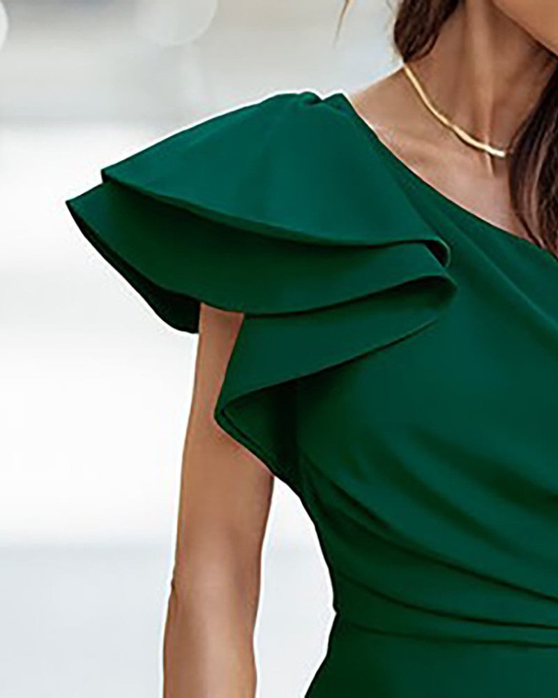 Women's Plain One-Shoulder Ruffle w/ Slit Party Dress