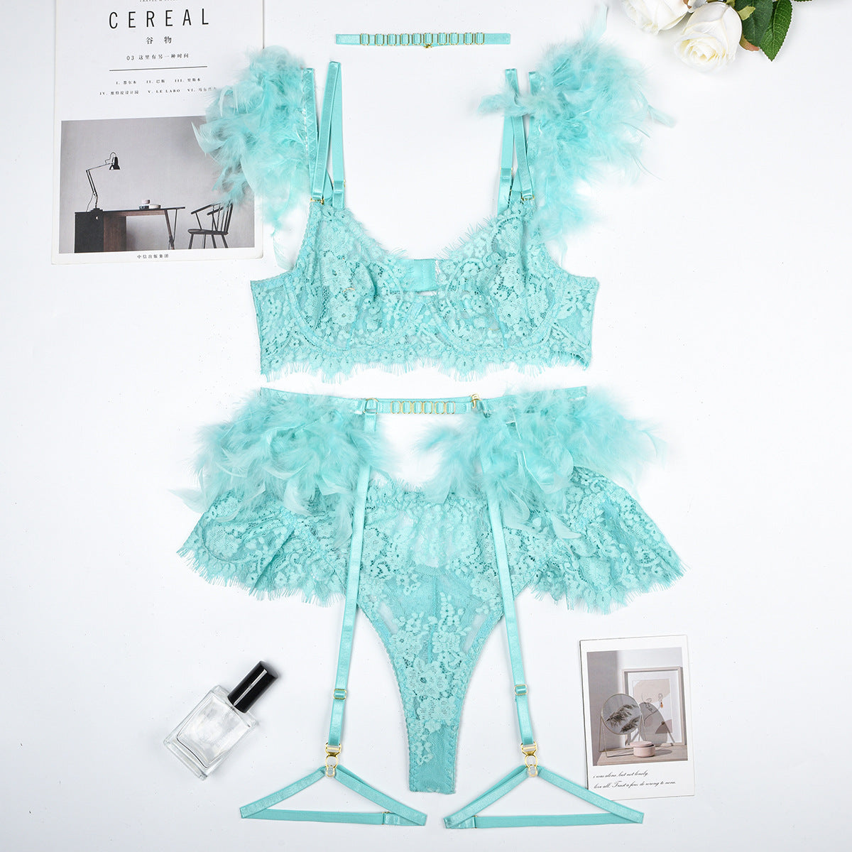 Sexy Feather Lingerie Bra and Panty Set