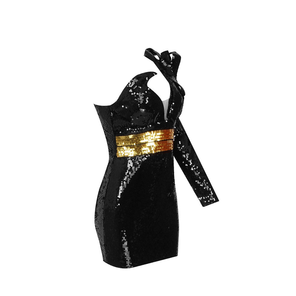 Women's One Shoulder Long Sleeve V-neck Cut-out Sequin Wrap Dress