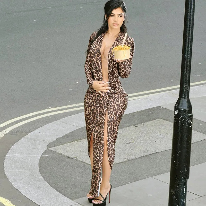 Sexy V Neck Cut Out Long Sleeve Leopard Print Dress w High Slit