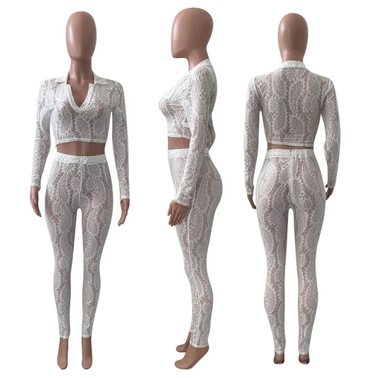 Sexy Lace See Through Two Piece Crop Top and Leggings Set