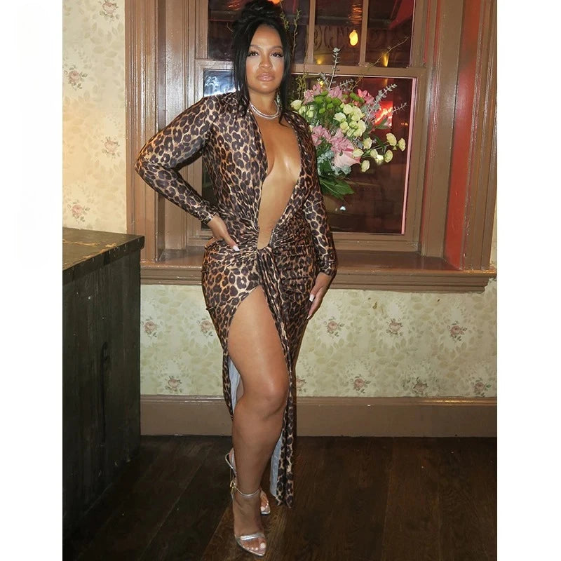 Sexy V Neck Cut Out Long Sleeve Leopard Print Dress w High Slit