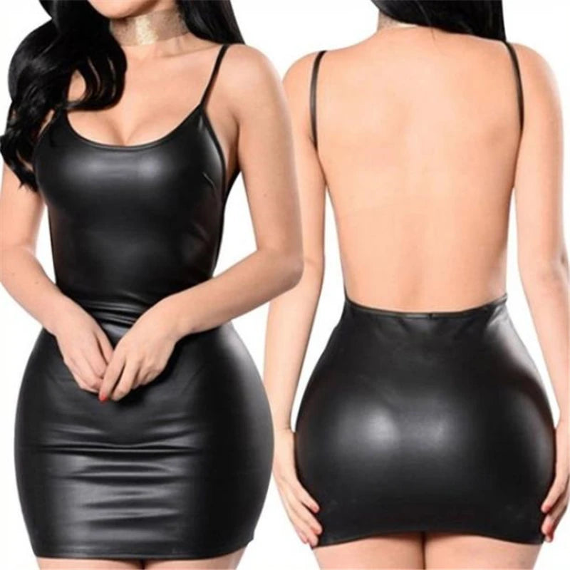 Sexy Backless Faux Leather Dress
