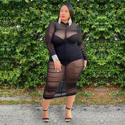 Long Sleeve Mesh Dress with Bodysuit Lining