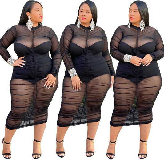 Long Sleeve Mesh Dress with Bodysuit Lining