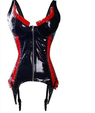 Sexy Black/Red Ruffle Latex Corset and Thong Set
