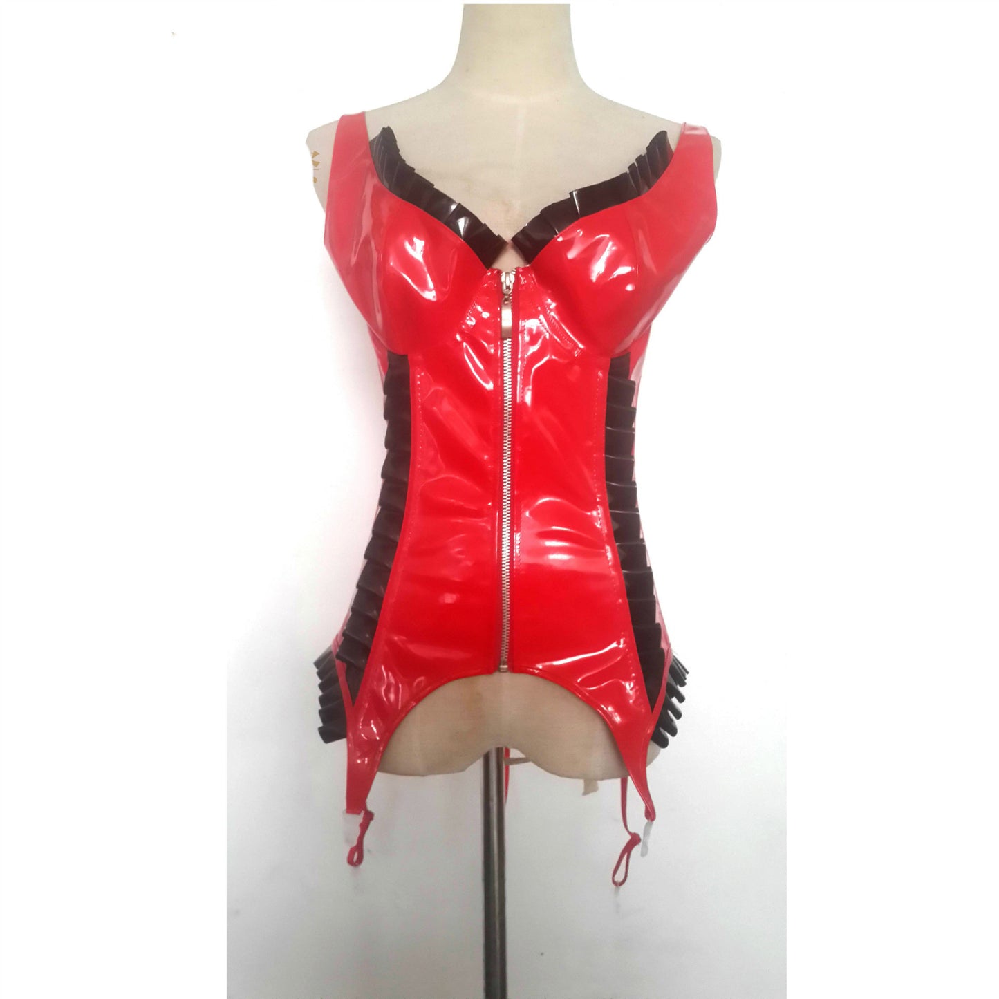 Sexy Black/Red Ruffle Latex Corset and Thong Set