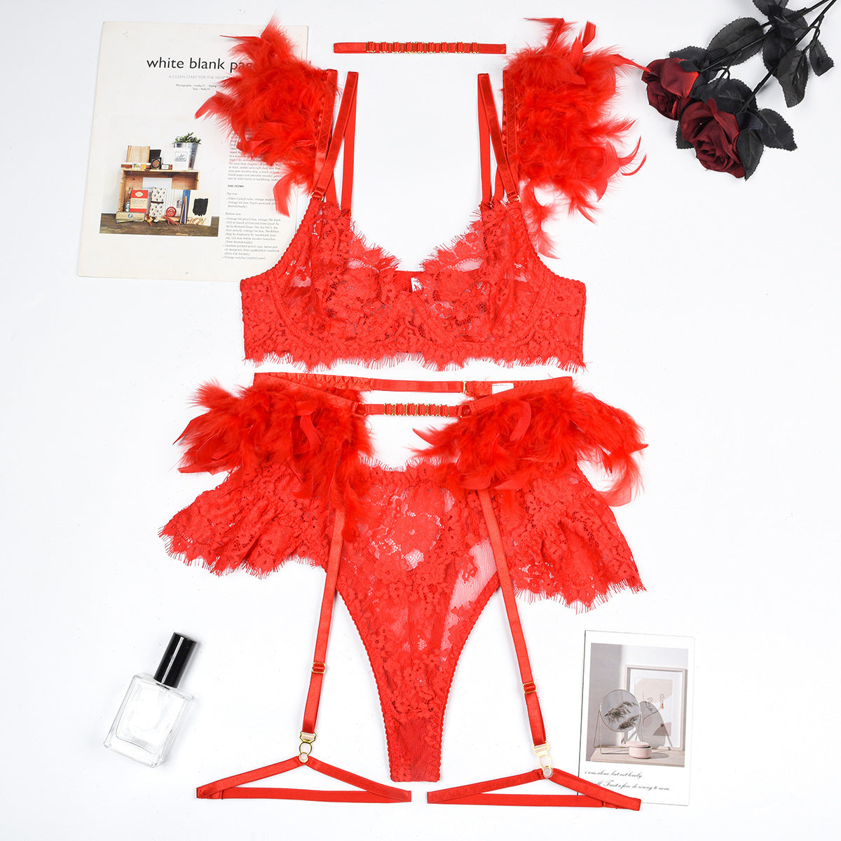Sexy Feather Lingerie Bra and Panty Set