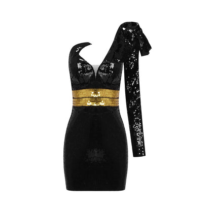 Women's One Shoulder Long Sleeve V-neck Cut-out Sequin Wrap Dress