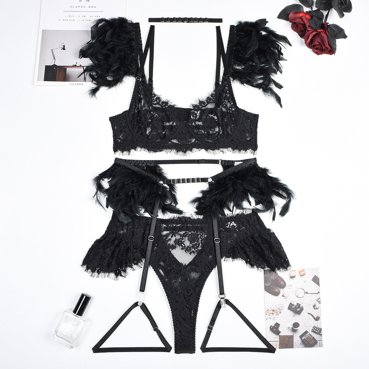 Sexy Feather Lingerie Bra and Panty Set