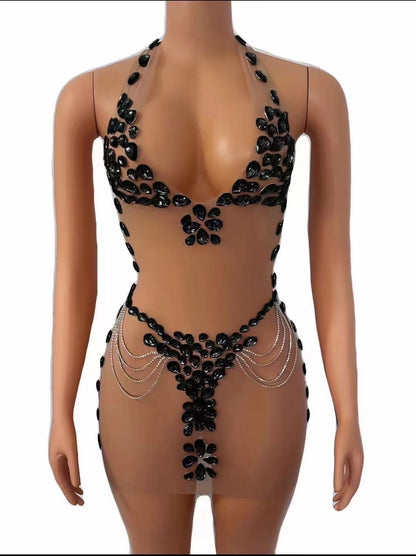 Women's Hot See-through Rhinestone Dress