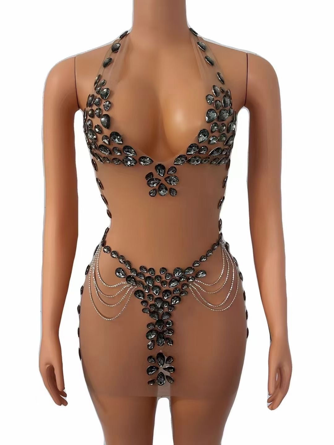 Women's Hot See-through Rhinestone Dress