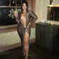 Sexy V Neck Cut Out Long Sleeve Leopard Print Dress w High Slit