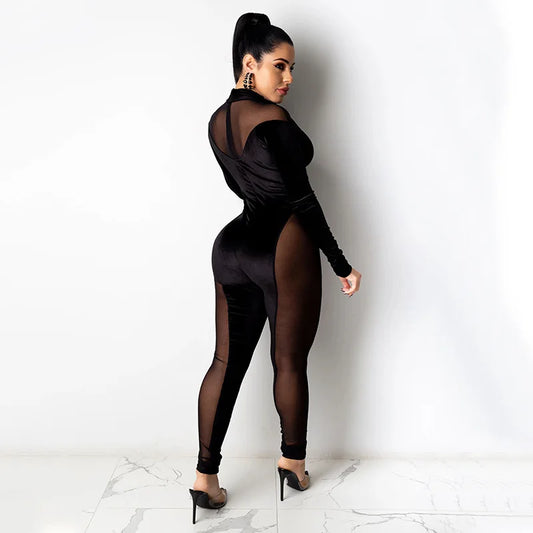 Sexy Velvet Mesh Patchwork Jumpsuit Party