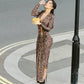 Sexy V Neck Cut Out Long Sleeve Leopard Print Dress w High Slit