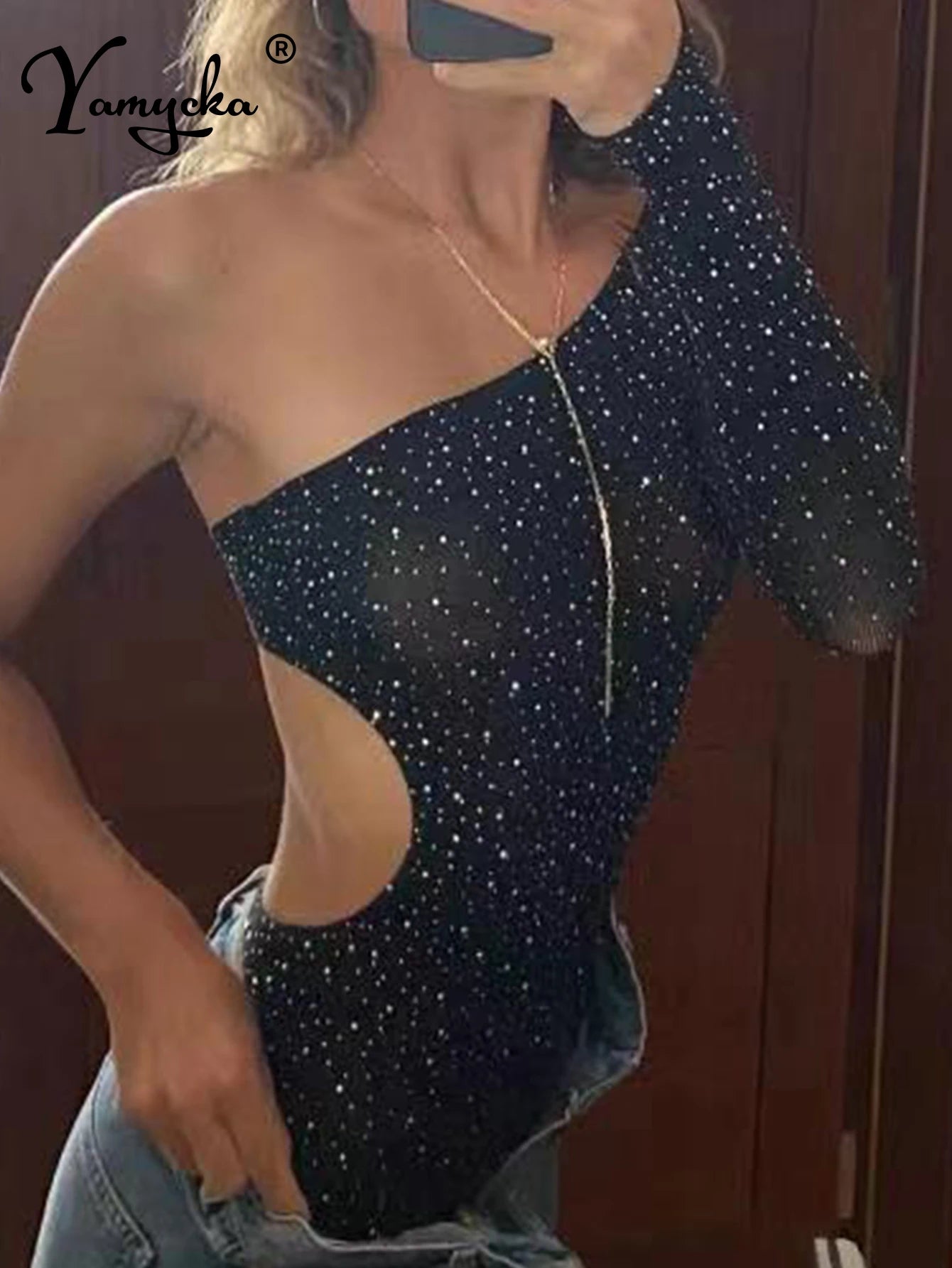 Sexy see through rhinestone romper