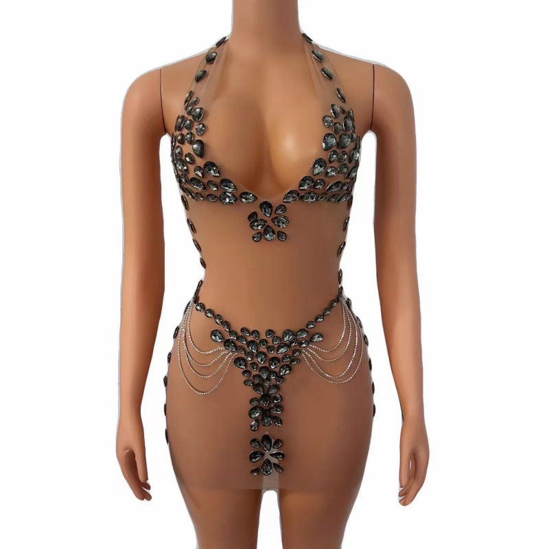 Women's Hot See-through Rhinestone Dress