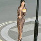 Sexy V Neck Cut Out Long Sleeve Leopard Print Dress w High Slit