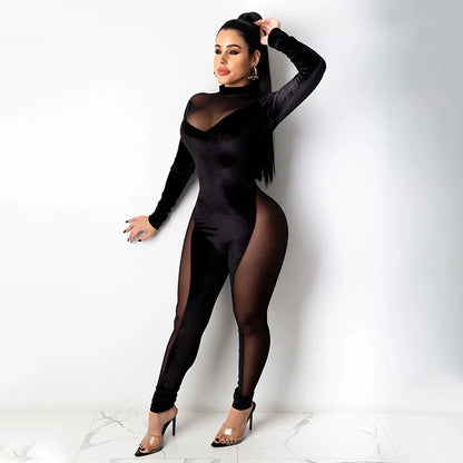 Sexy Velvet Mesh Patchwork Jumpsuit Party