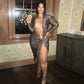 Sexy V Neck Cut Out Long Sleeve Leopard Print Dress w High Slit